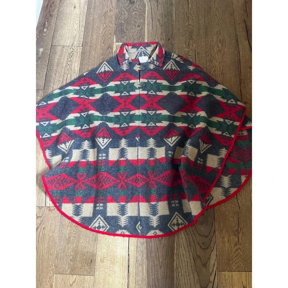 PL Greene American Made Southwestern Wool Blend Poncho Cape Red Green Tribal OS